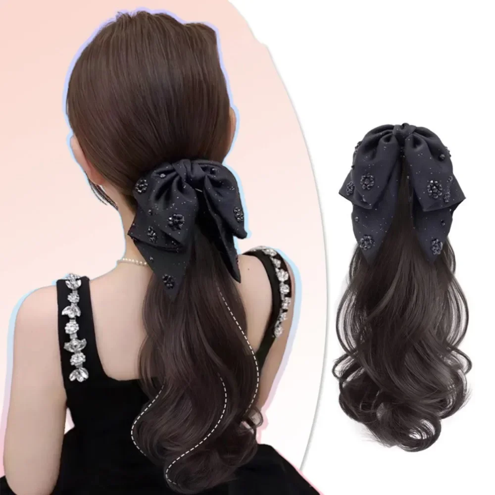 Perucas sintéticas fita simulada bowknot inchado encaracolado grab clip peruca de rabo de cavalo feminino extensões de chapéu 40cm