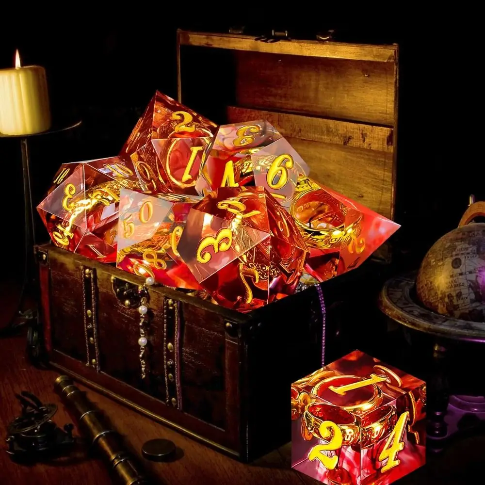 

7 шт. креативный набор кубиков из жидкости из смолы, синий, зеленый, фиолетовый, многогранные, жидкие кубики D4 D6 D8 D10 D12 D20, острые угловые кубики для D&d DND