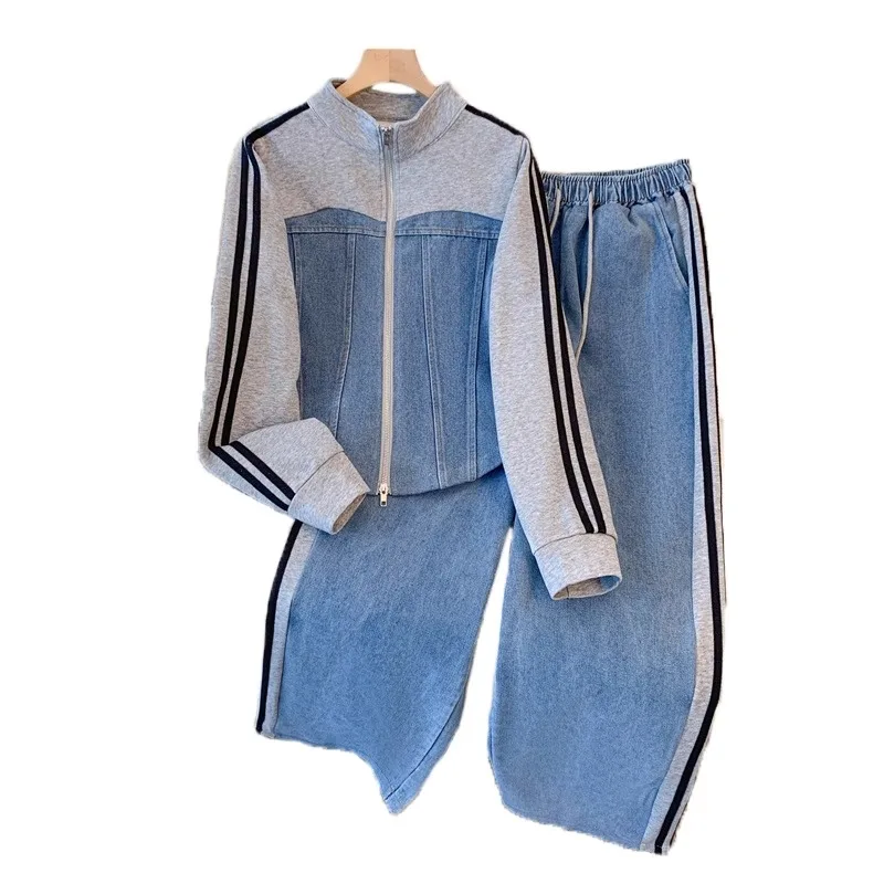 New Fashion Female Trousers Set Autumn Winter Fake Two Pieces Denim Coat Wide Leg Pants Two-Piece Women\'s Casual Sports Sets