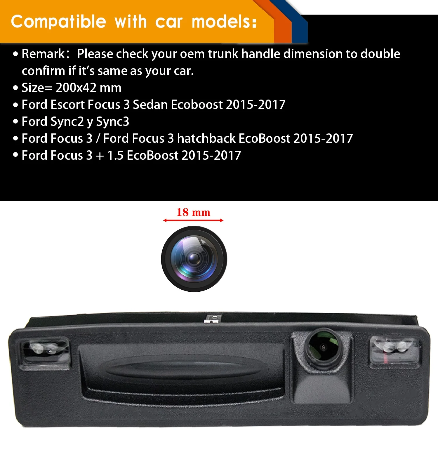 HD 1280*720p Camera for FORD Sync2 y Sync3 Escort FORD Focus 3 Ecoboost C-MAX 2015-2018,Night Vision Rear View Waterproof Camera
