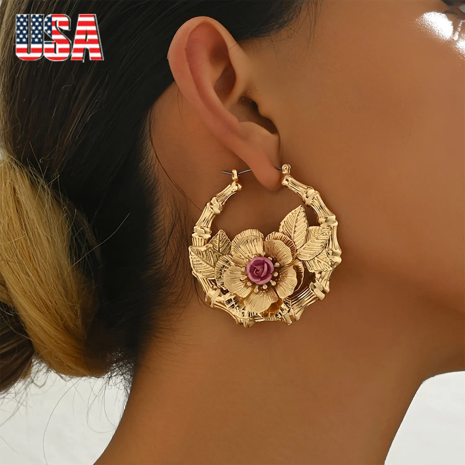 

US STOCK| Gold-Toned Floral Hoop Earrings Handmade Boho Leaf & Pink Flower Jewelry for Women Designer Earrings Statement