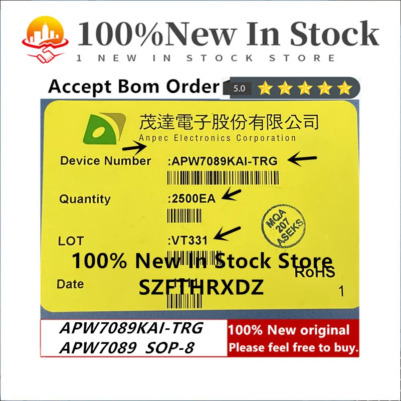 100% NEW ORIGINAL APW7089KAI-TRG SOP8 APW7089 SOP-8 4A, 26V, 380kHz, Asynchronous Step-Down Converter