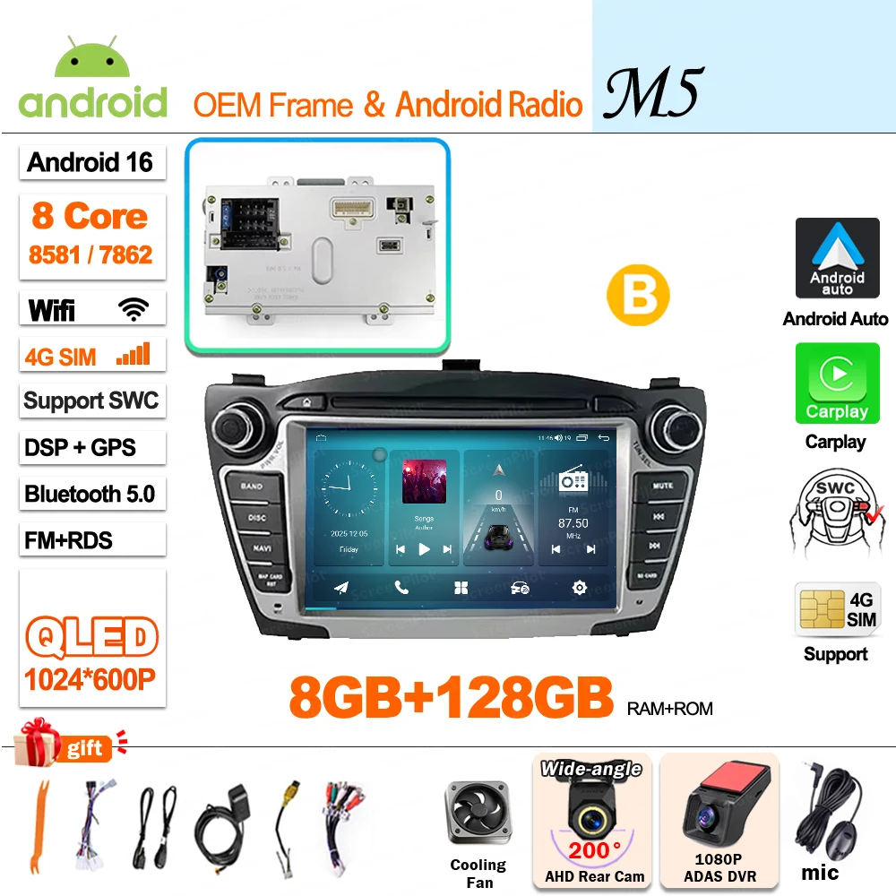 Android 16 Carplay voor Hyundai IX35 Tucson 2 LM 2009 - 2015 autoradio multimediaspeler QLED scherm GPS navigatie WiFi 5G