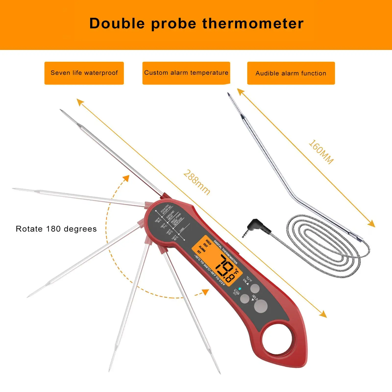 Food , -50°C to 300°C °C/°F Conversion Waterproof with Alarm Function Meat