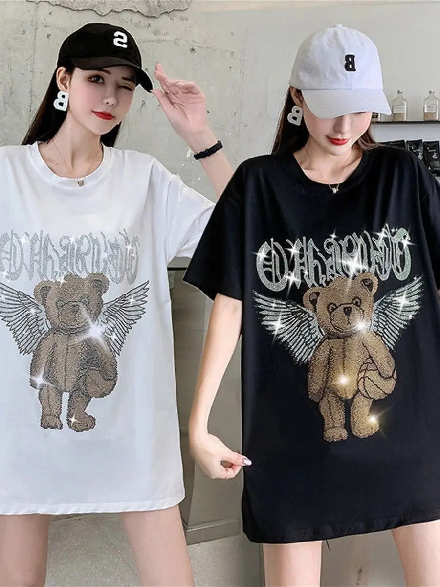 Śliczne Ulzzang cekiny Tshirt Streetwear lato luźne góra Hip Hop ubrania z nadrukami kobiety główna ulica nadruk niedźwiedzia t-shirty dziewczyna