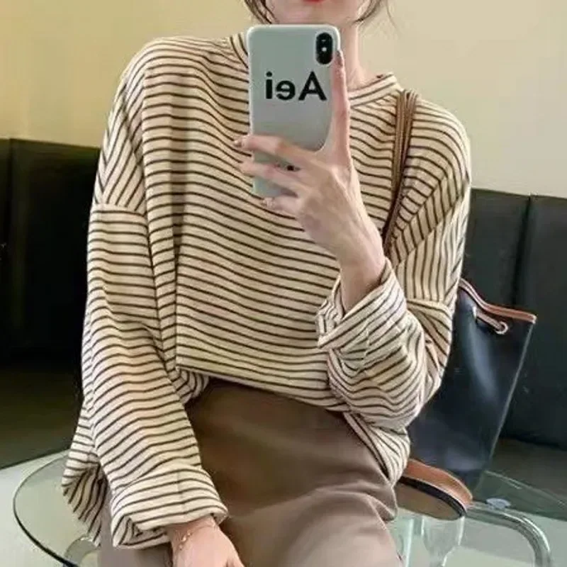 

Coffee Stripes Cotton T-Shirts Women Loose-Fitting Autumn 2024 Hot Sale Lady Casual Full Sleeve Chic All Match Tops