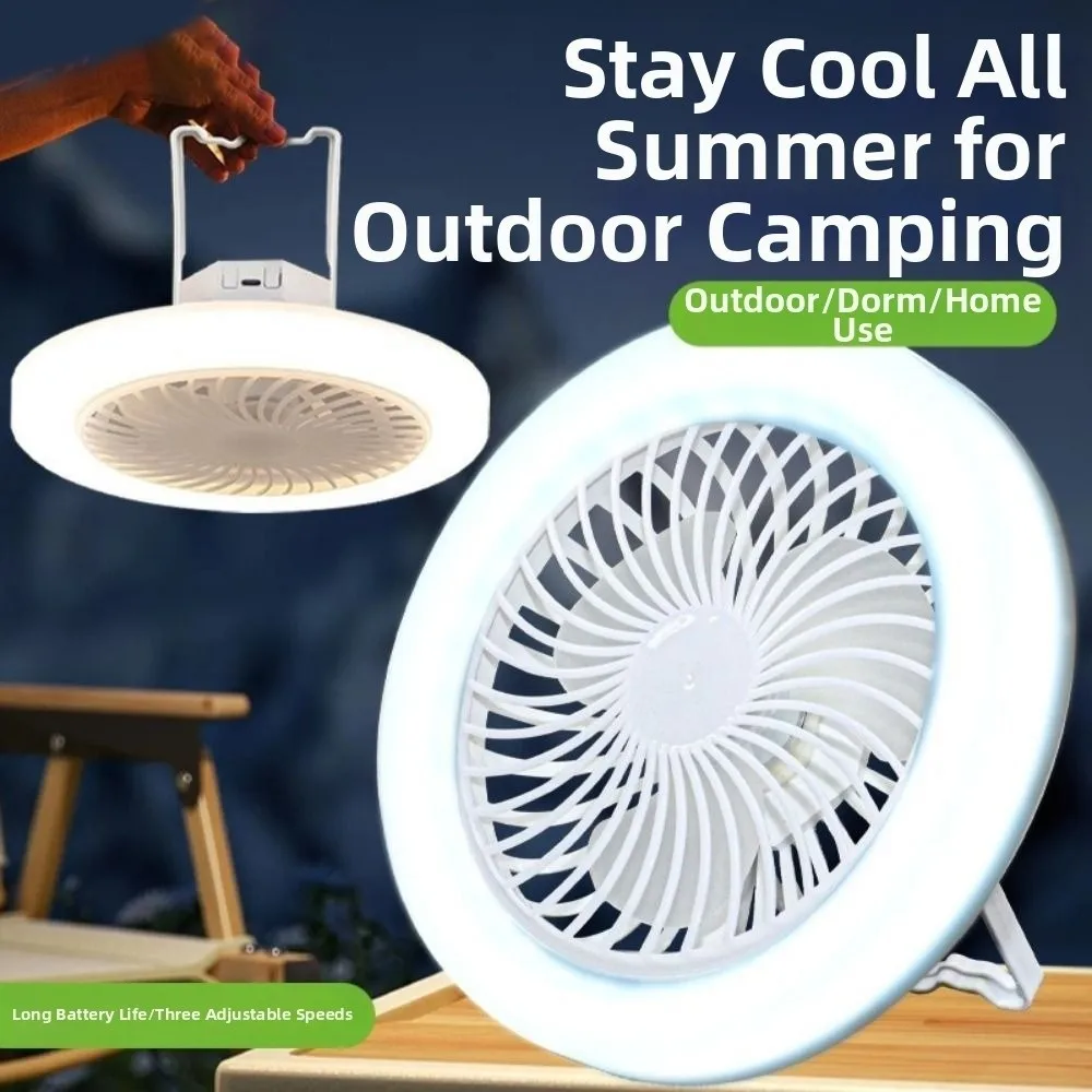 USB Rechargeable Ceiling Fan Light Super Quiet Energy Saving Camping Fan Light 3 Color Light Modes Hooked & Stand Design