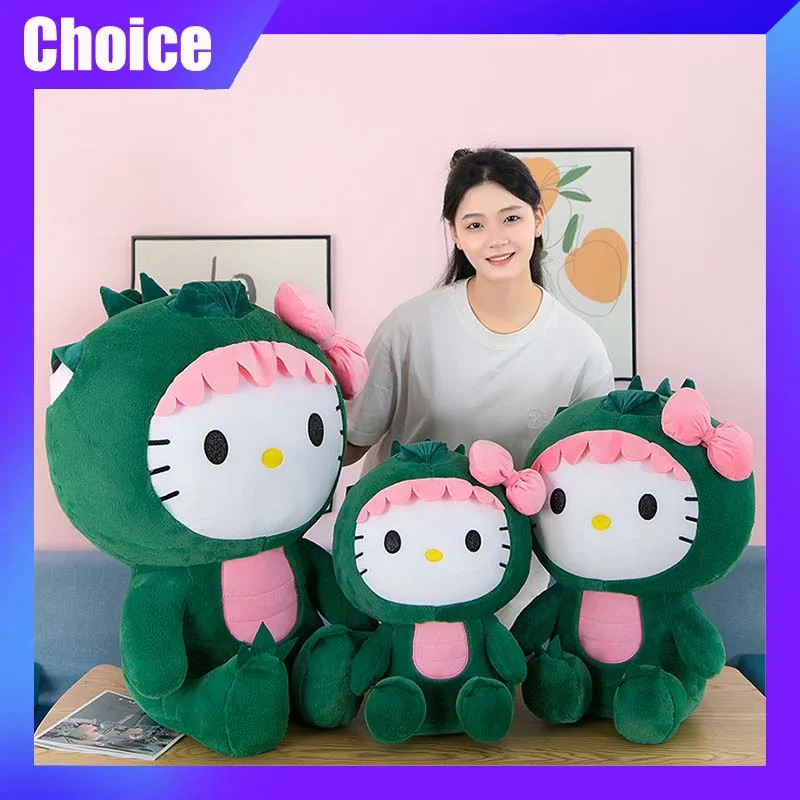 Saniro Hellokitty 35/50cm Plush Toy Anime Cartoon Green Dinosaur Lovely Pillow Soft Kawaii Cute Plushie Doll Room Decor Gift Kid