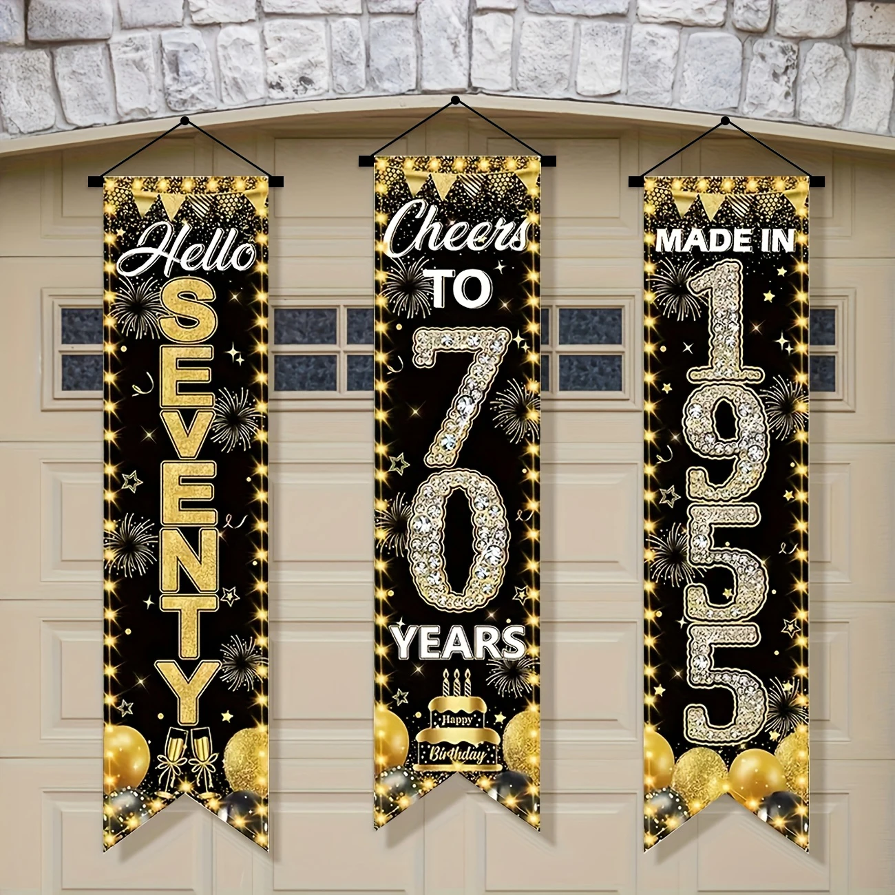 3Pcs 70th Birthday Black Gold Banner, 1955 Milestone Decor, Durable Polyester, Indoor/Outdoor for Door/Garden/Yard