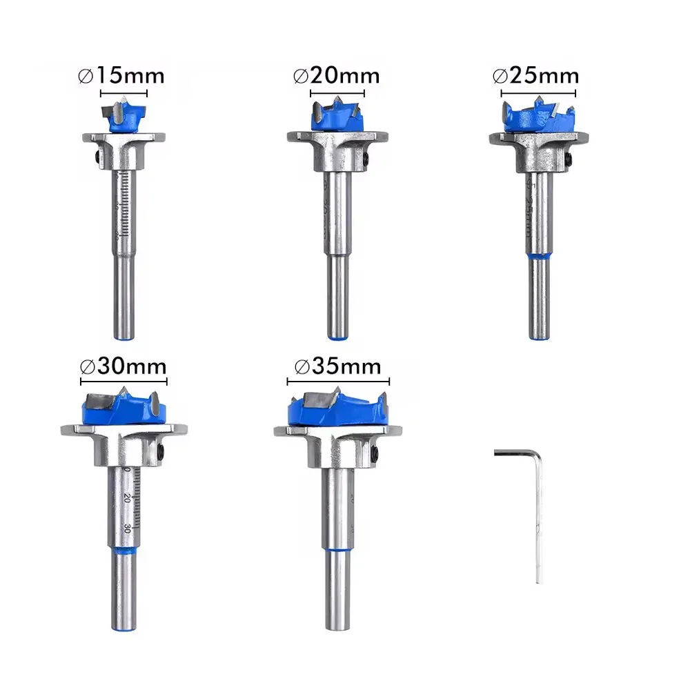 5Pcs Positioning Wood Drill Bit Set, 15-35mm Adjustable Hinge Drill Bit, for Hinge Drilling on Wood, Doors, Windows and Cabinets