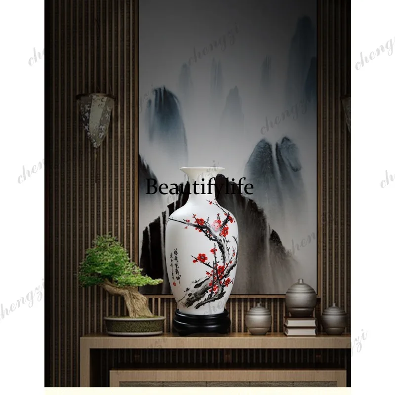 A95 new Dehua white porcelain hand-painted plum blossom vase ornament, home living room Bogu rack/auspicious bottle