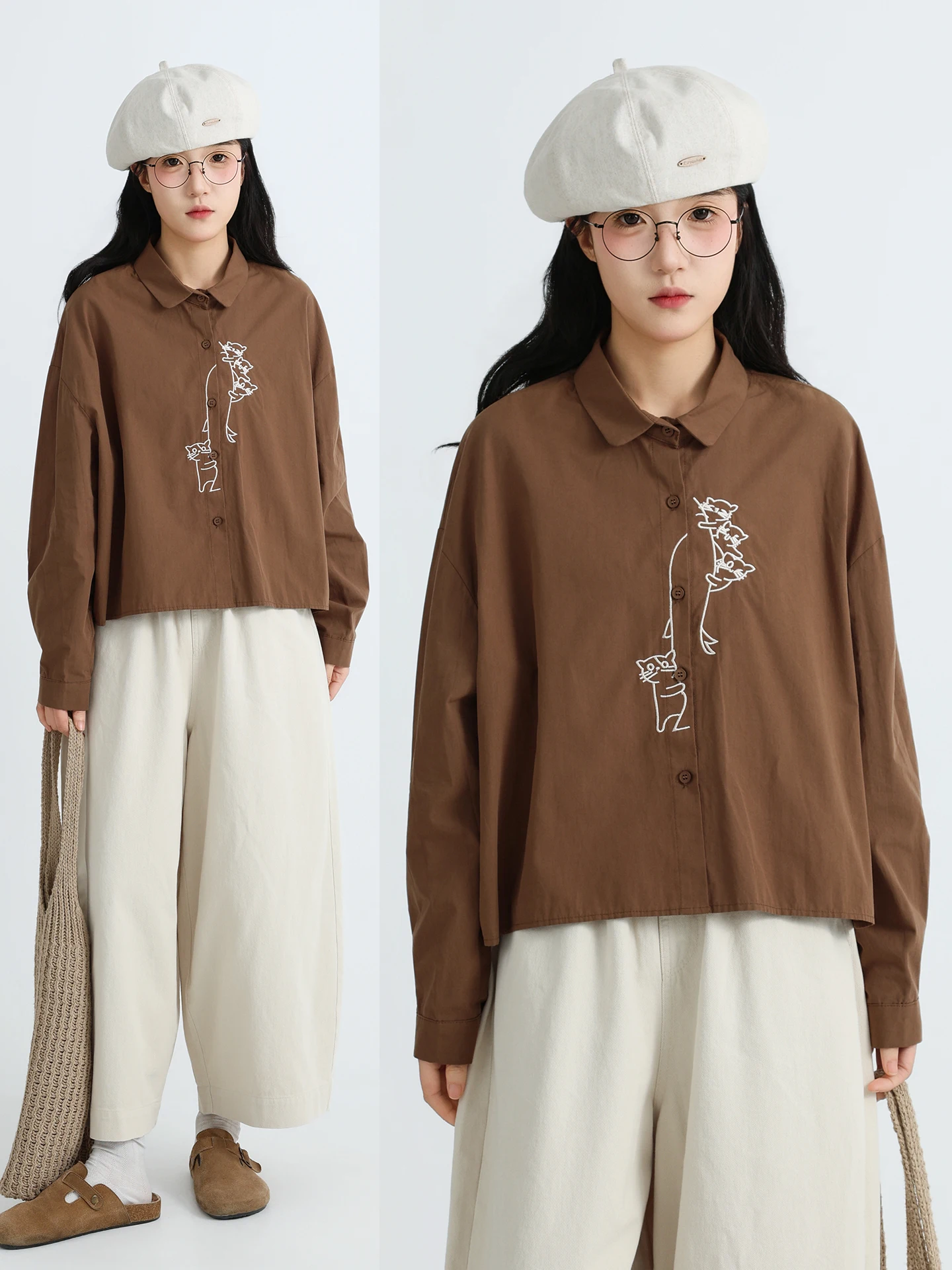 

Boureen Embroidery Shirt Women's Summer Trendy Design Cotton Long Sleeve Neck Open Cardigan Style Forest System Top