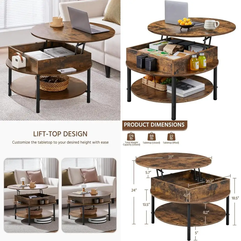 

Round Lift Top Coffee Table with Hidden Storage and Shelf, 31 Farmhouse Style Center Table, 2-Tier Design