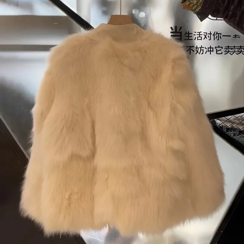 Women's Imitation Fur Jacket For Autumn Winter 2025 Light Luxury Fur Coat Lady's Splicing Outwear Loose Women's Coat Lace up