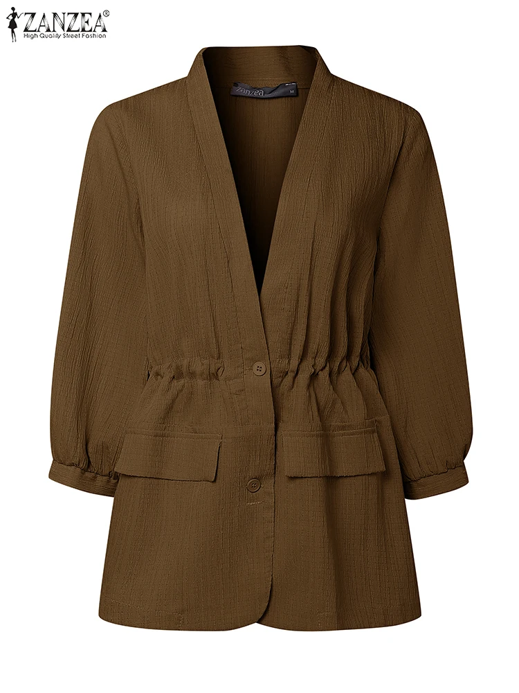 

ZANZEA женский офисный блейзер, осень 2021, верхняя одежда с рукавами 3/4, элегантные костюмы с v-образным вырезом, модный однотонный повседневный кардиган