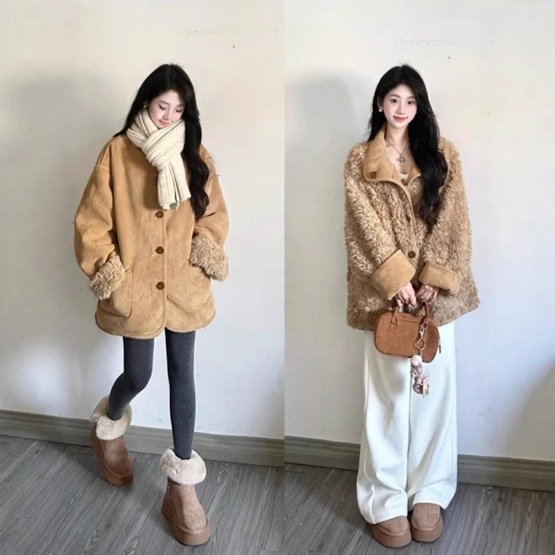 Two-sided Wear Faux Fur Jacket Leather and Fur Women's Plush Coat Single-breasted Lamb Furry Jackets Winter Warm Fluffy Moto Top