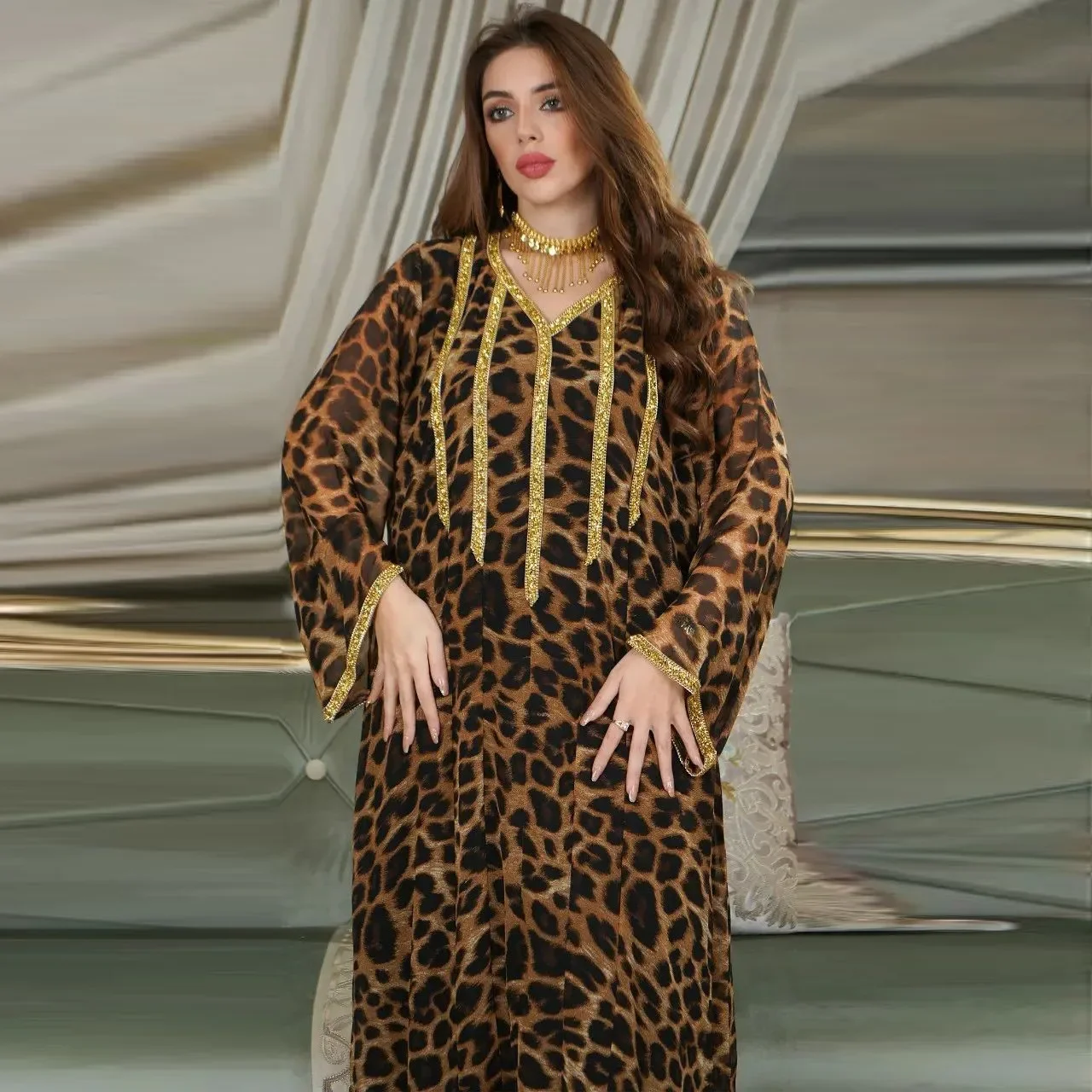 Leopard Print Long Kaftan Women Sequin Muslim Caftan Mujer Loose Abaya Islam Dubai Arab Saudi Robe African Vestidos Musulmanes