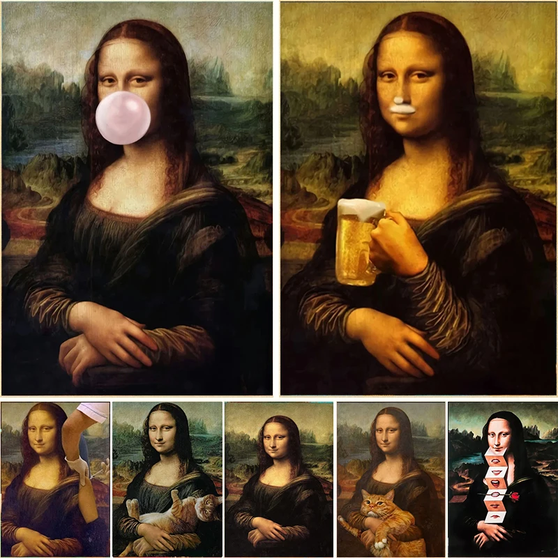 Póster divertido de Mona Lisa con gato, impresiones en lienzo, pinturas, Bar, Hotel, arte de pared, pintura decorativa, Mural, decoración del hogar para sala de estar