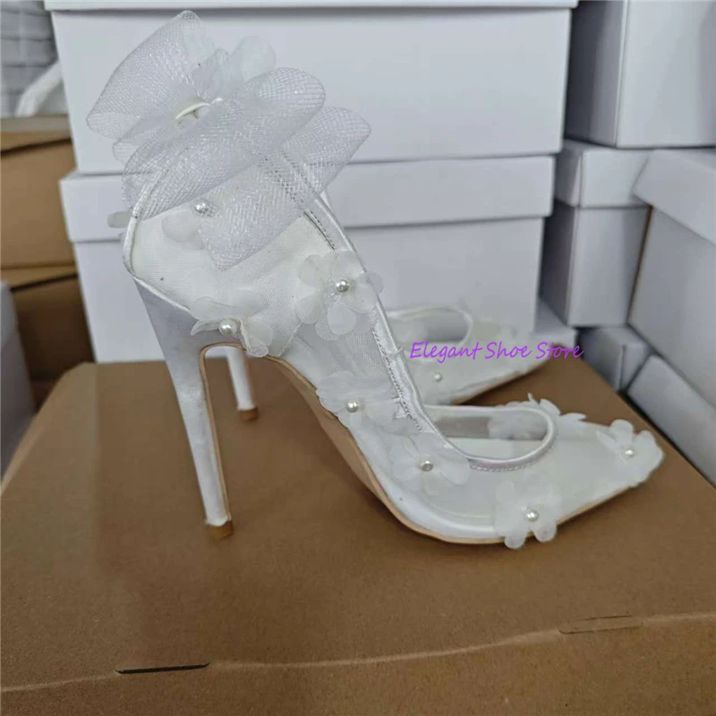 

White Lace Butterfly Knot High Heels Wedding Bride Shoes Mesh Flower Pearl Pointed Toe Slip On Pumps Summer New Party Stiletto