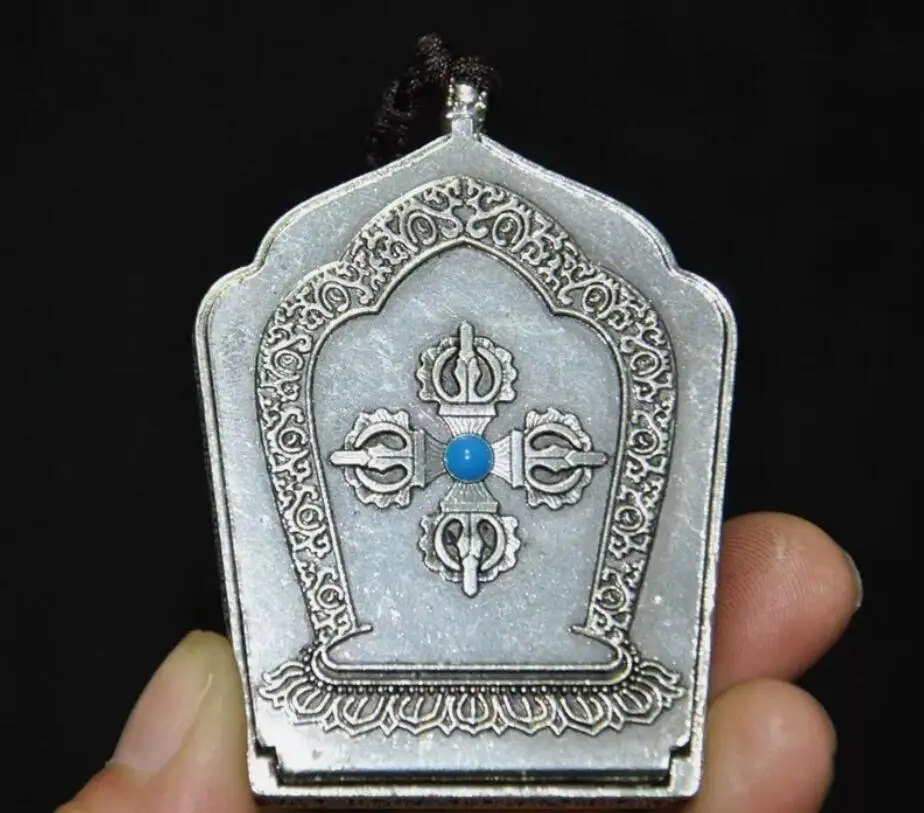 Tibet Buddhism Tibetan silver 4 Arms Chenrezig goddess Thangka Amulet Pendant