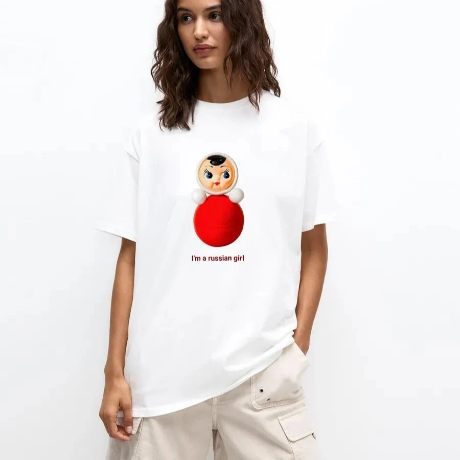 Sweet Girl Russian Women Fashion T-shirts Cute Doll Printed Cartoon Graphic Tee Short Sleeve Loose Oversized Large Size Couples