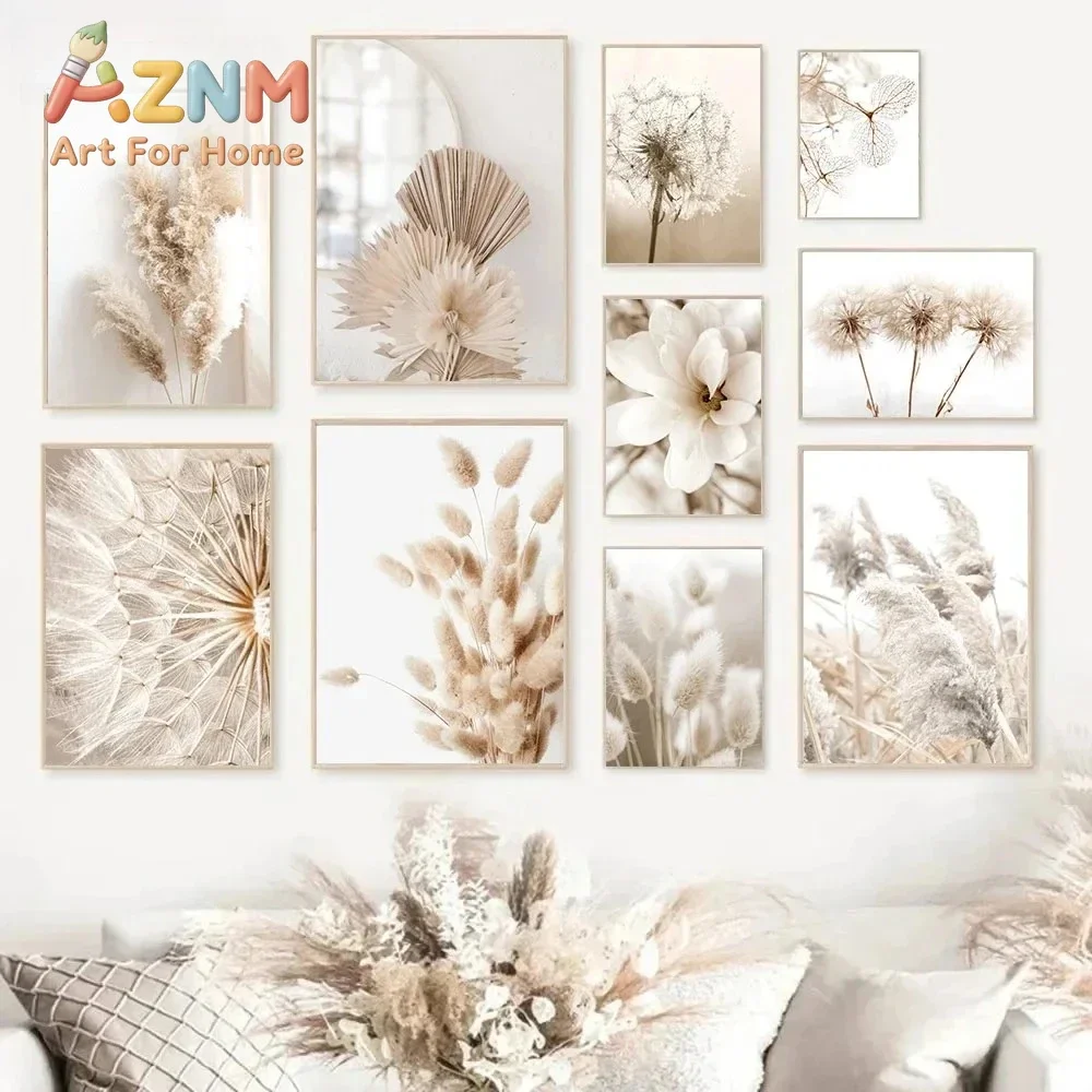 Nordic Beige Dandelion Painting Poster Reed Minimalist Wall Art Print Canvas Painting Posters for Living Room Modern Home Dec