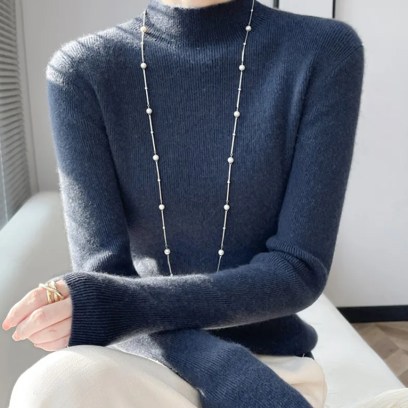 Suéteres negros con cuello simulado, suéter tejido para mujer, jerséis nuevos, prendas de punto ajustadas de manga larga, suéter de punto, jersey, Tops para mujer Q2224