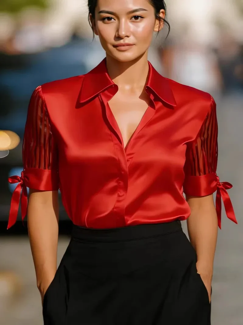 Elegant Satin Blouse with Sheer Striped Sleeves and Tie Cuffs Formal Office Shirt Women White Shirts Casual Office Ladies Wear