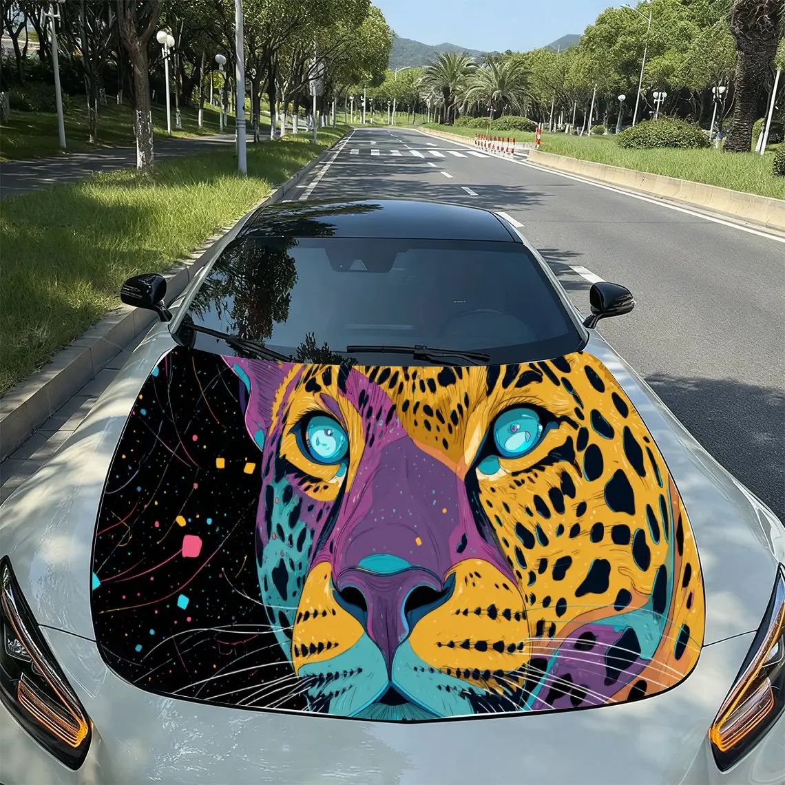 

Cosmic Blue-Eyed Leopard Fantasy PVC Car Hood Wraps, Self-Adhesive Waterproof Car Bonnet Decal Sticker, Car Decoration Protectio