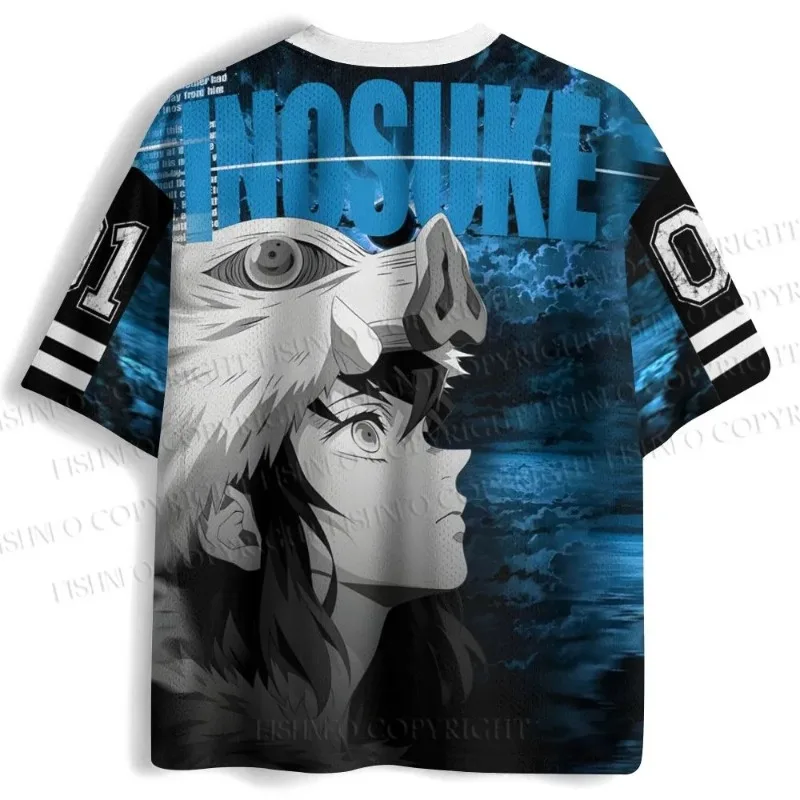 Camiseta Demon Slayer Inosuke Hashibira con Estampado de Manga Blue Wave, Cuello en V, Manga Corta, Estilo Y2K, para Adultos/Niños, Ropa Deportiva Urbana de Anime