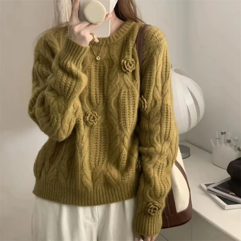 3d flower twist pull Sweater Korean sweet knit loose knitted pullovers femme slouchy style Knitted Sweater Women winter tops