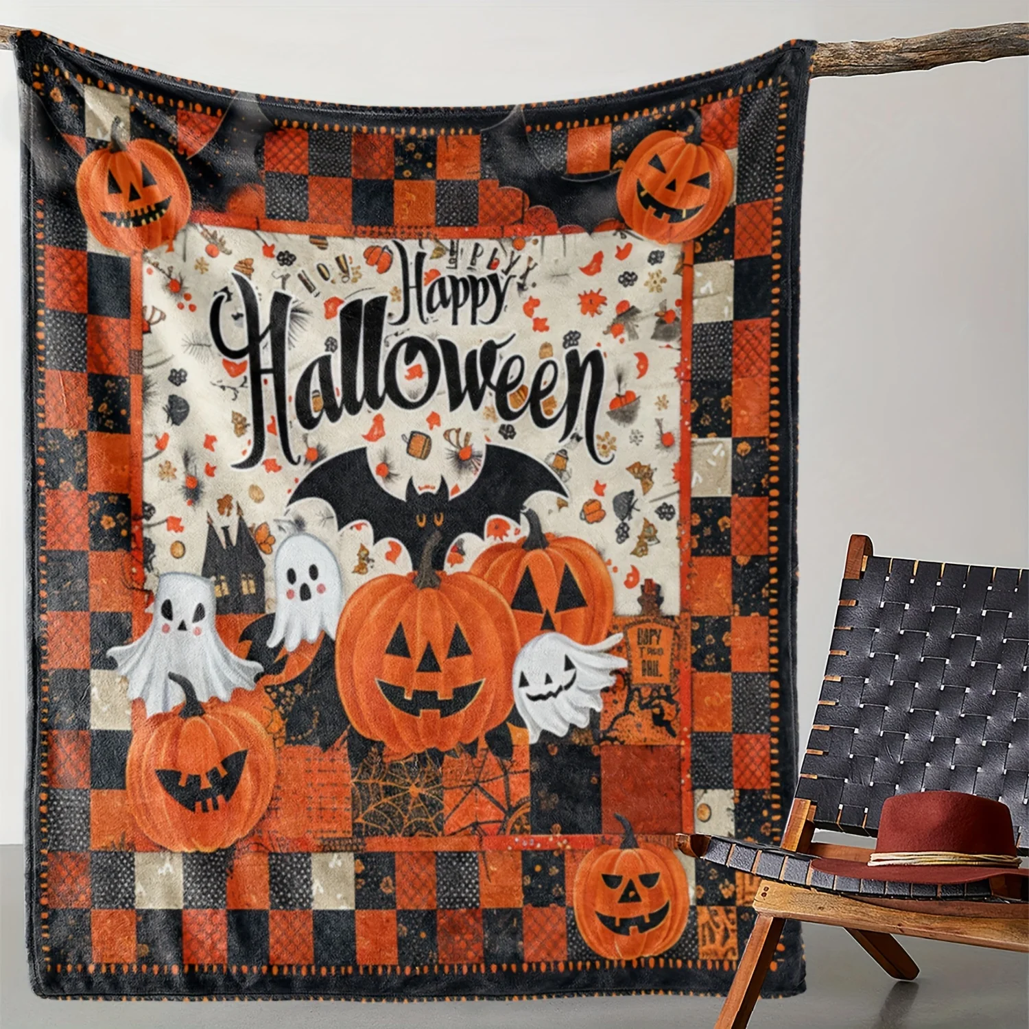 

Cozy Vintage Halloween-Themed Flannel Throw Blanket with Pumpkin & Bat Design , Warm, and Versatile for Couch, Bed, Office