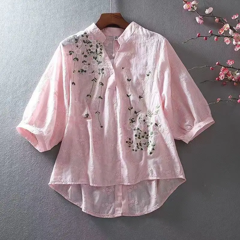 Vintage Fashion Embroidery Floral Irregular Cotton Shirts Summer Casual V-neck Half Sleeve Loose Top Blouse Women Blusas Clothes