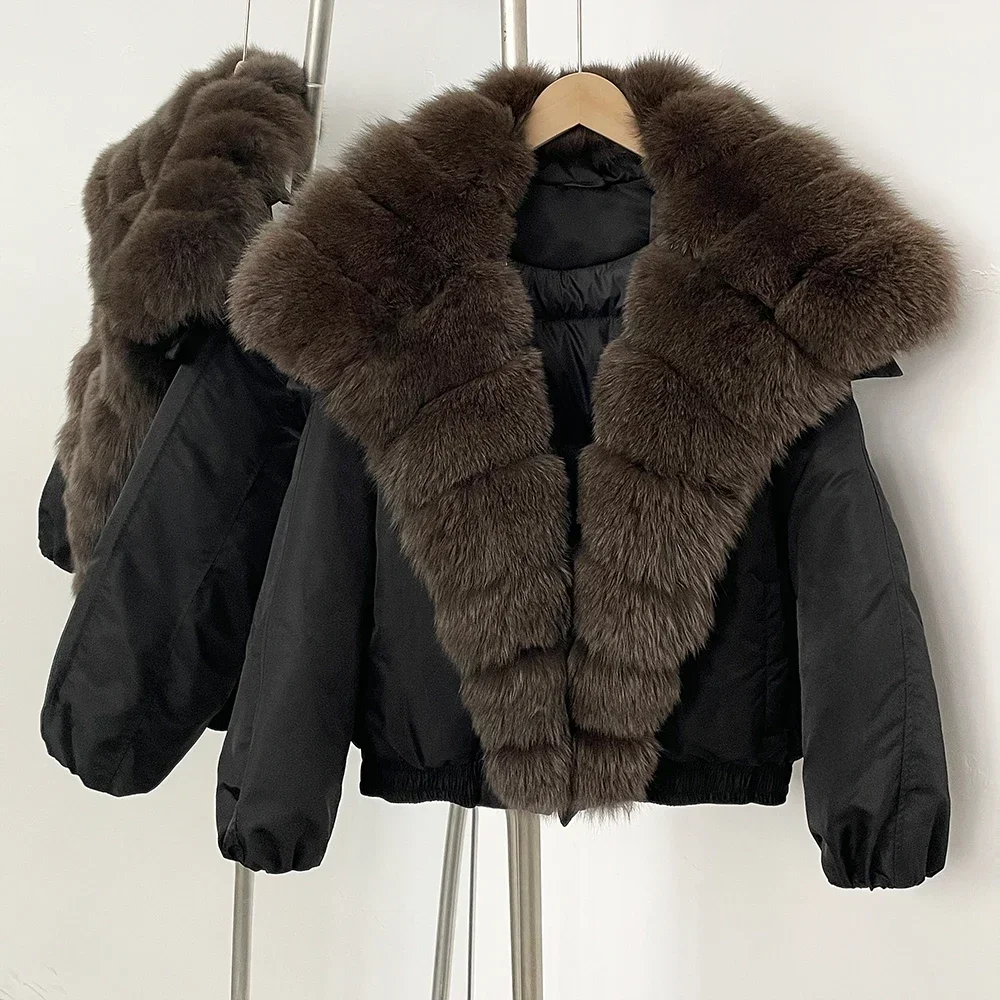 Elegant White Goose Down Jacket Loose New Real Fox Fur Collar Autumn Winter Women Natural Fur Down Coat Warm Belt Puffer Jacket