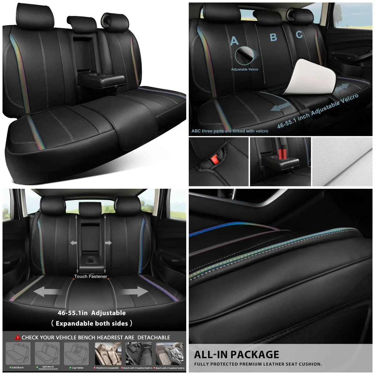 

Back Seat Covers, Nappa Leather Waterproof Breathable Universal Fit Black Chameleon Iridescent Reflective