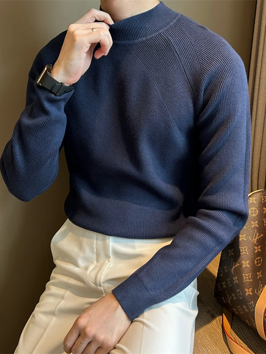 

Мужской свитер с высоким воротником, облегающий, однотонный, повседневный, теплый, простой дизайн, вязаный, длинный рукав