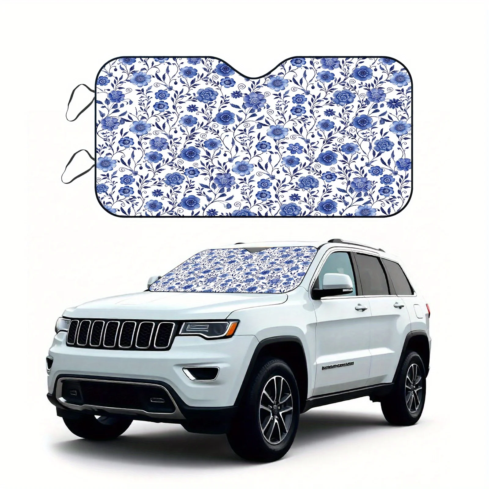 

1pc Car Sunshade UV Protection & Heat Dissipation - Blue Floral Pattern on White Foldable Sunshade with Easy Installation, Durab