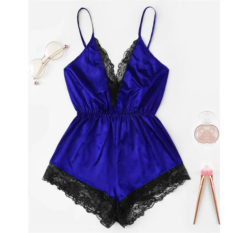 New 2024 Women Girls Sexy Lace V-Neck Halter Lingerie Summer Fashion Women Bodysuit Backless Bow Shorts Sleep Wear Set