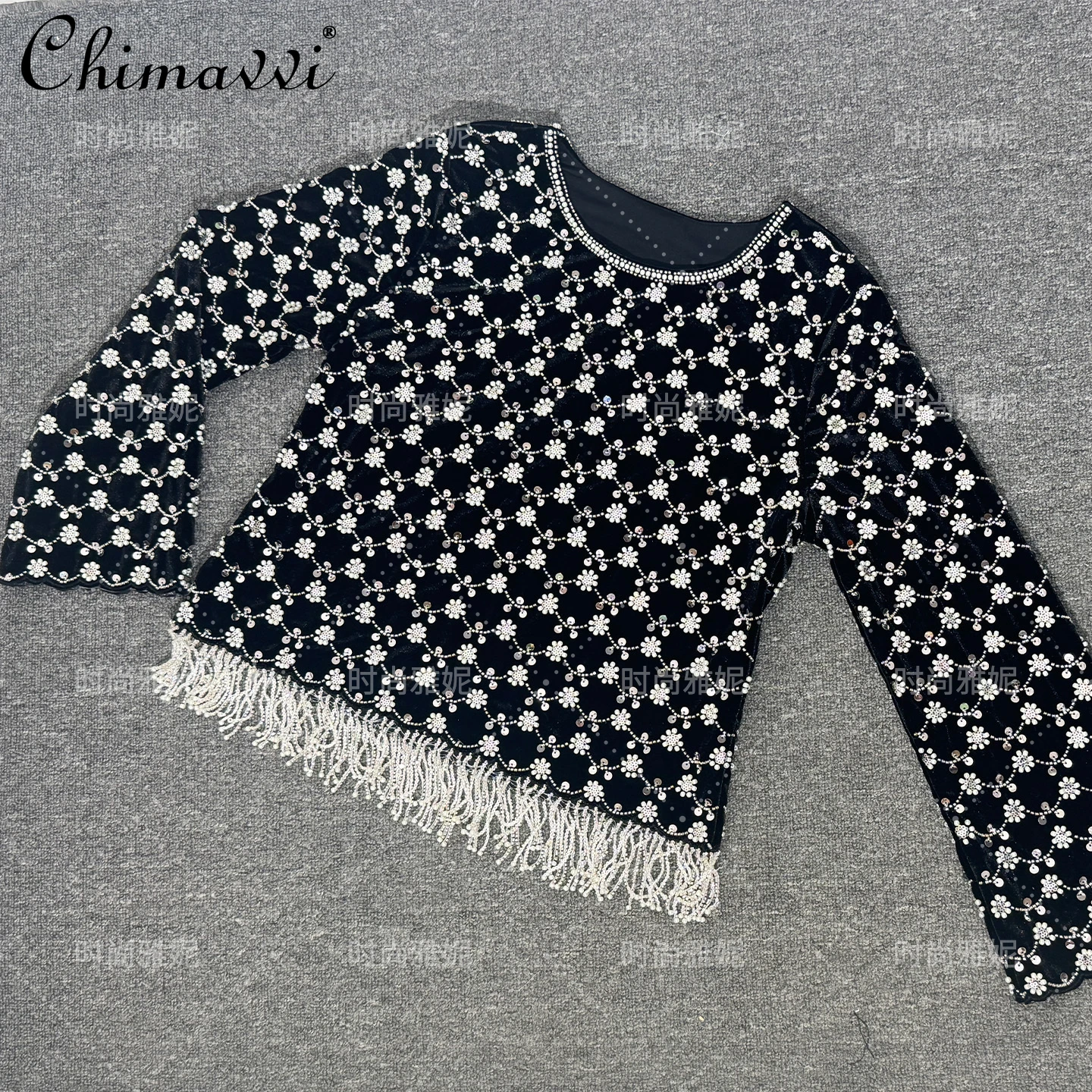 

Autumn Winter New Heavy Beaded Sequin Pearl Women's Long Sleeve T-Shirt Fashion Round Neck Tassel Stage Luxury Pullover Top