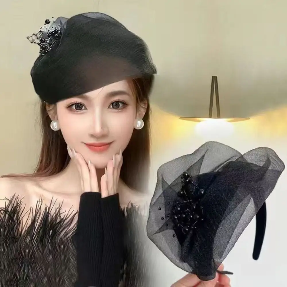 Elegant Beaded Mesh Hairband Women French Hair Accessories Mesh Veil Fascinator Hat Dinner Party Hairband Bead Yarn Half Hat