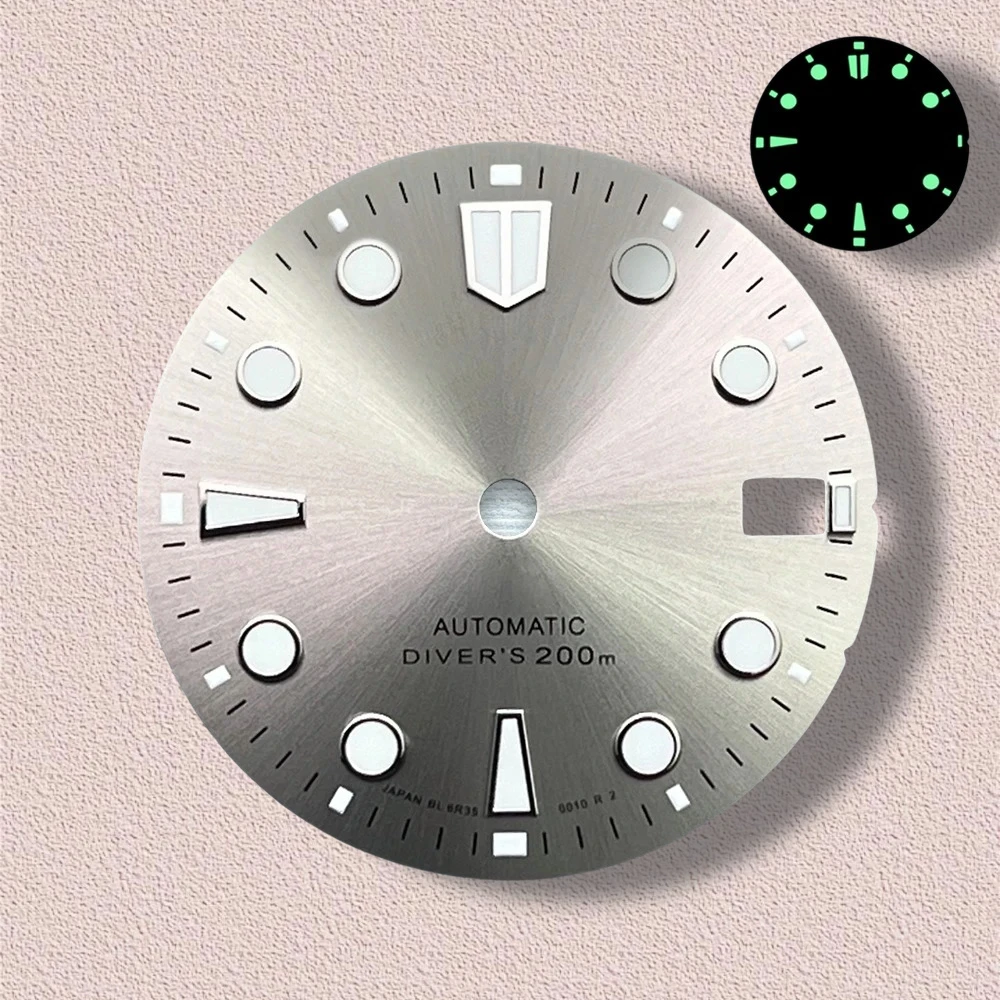 28.5mm logotipo s nh35 sunray dial adequado para movimento nh35/nh36/4r/7s de alta qualidade nh35 modificado acessórios c3 verde luminoso