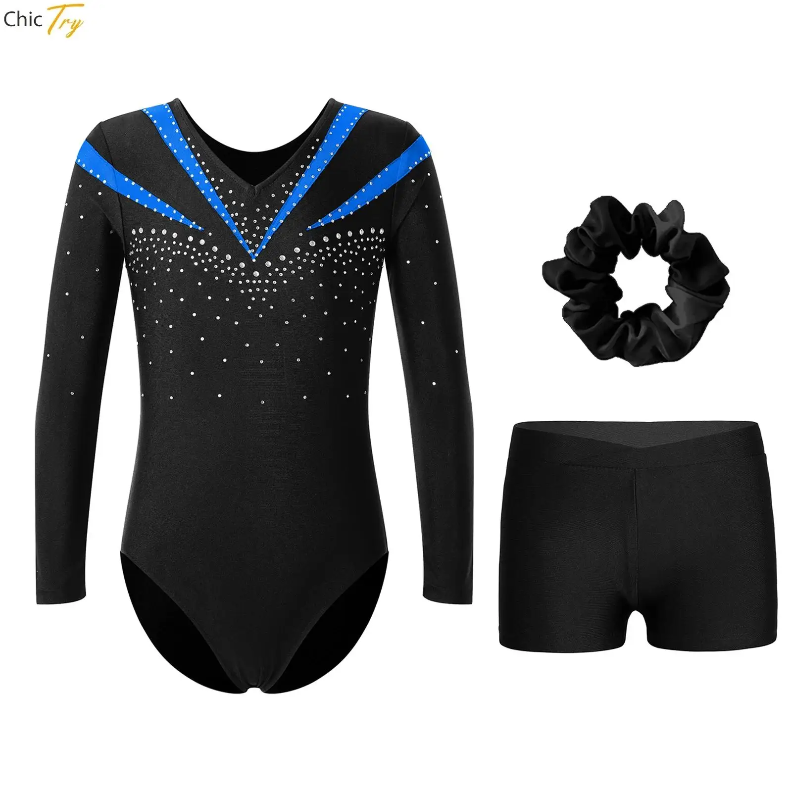 Justaucorps de gymnastique avec biscuits pour enfants, costume de performance de patinage de ballet, costume de batterie brillant, manches longues, col en V, tenue avec short, filles