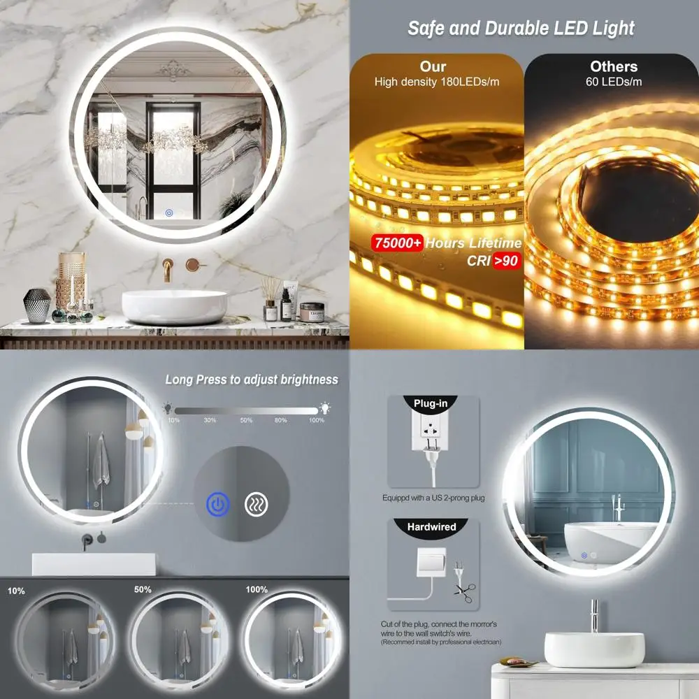 

Round LED Vanity Mirror with Anti-Fog, Dimmable Lighting, 3 Color Temperatures, and Memory Function for Bathroom Use