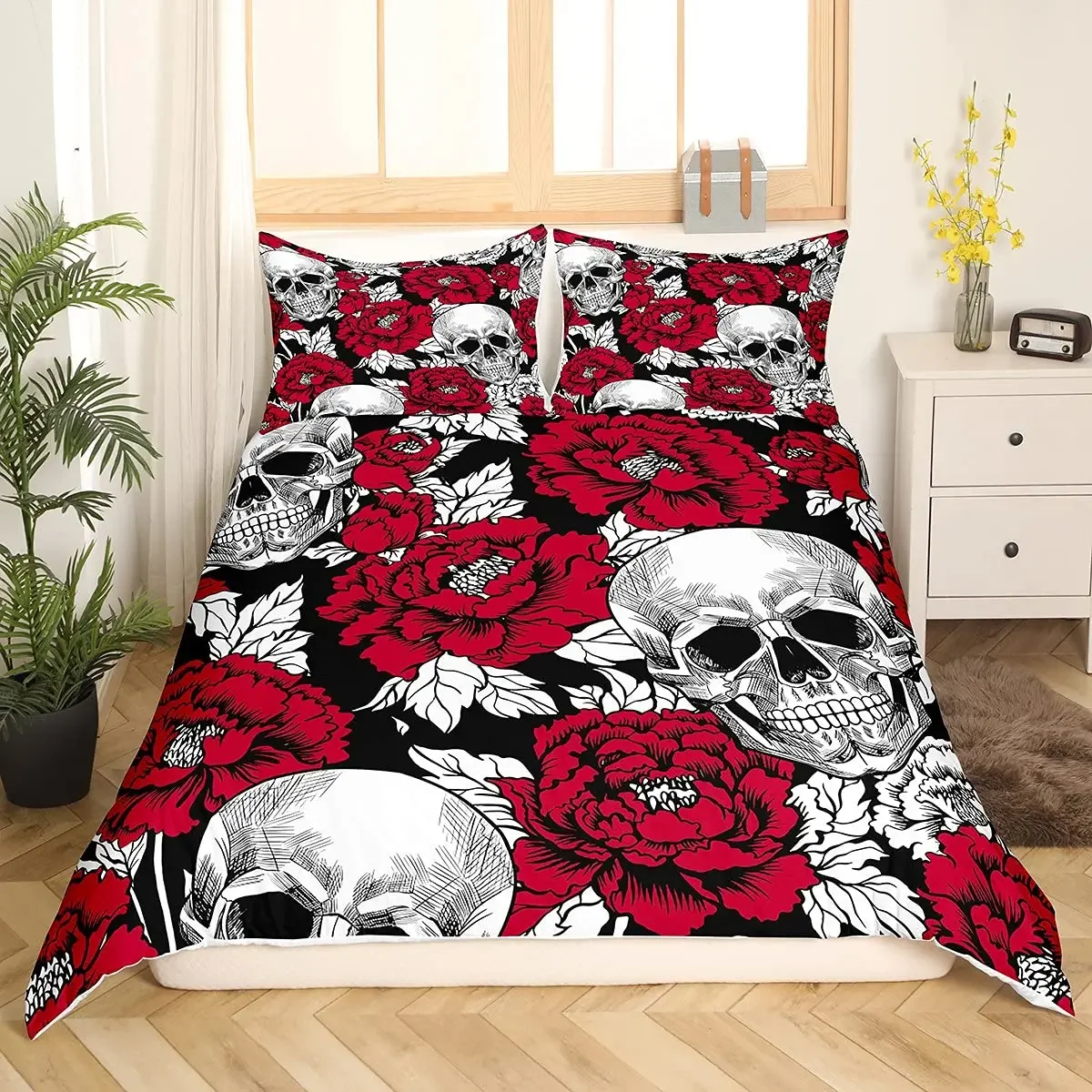 Sugar Skull Bedding Sets Queen King Full Size for Kids, Colorful Flower Skeleton Bedding Decor Set with Pillowcases Room Decor
