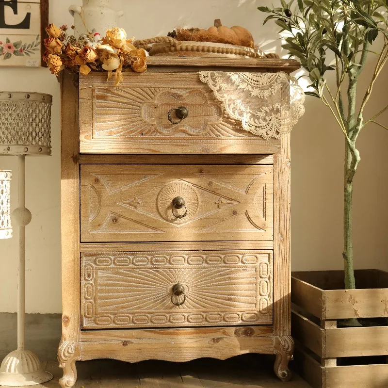 Fir short side cabinet edge few carved log color three pumping cabinet 61 * 35 * 82cm