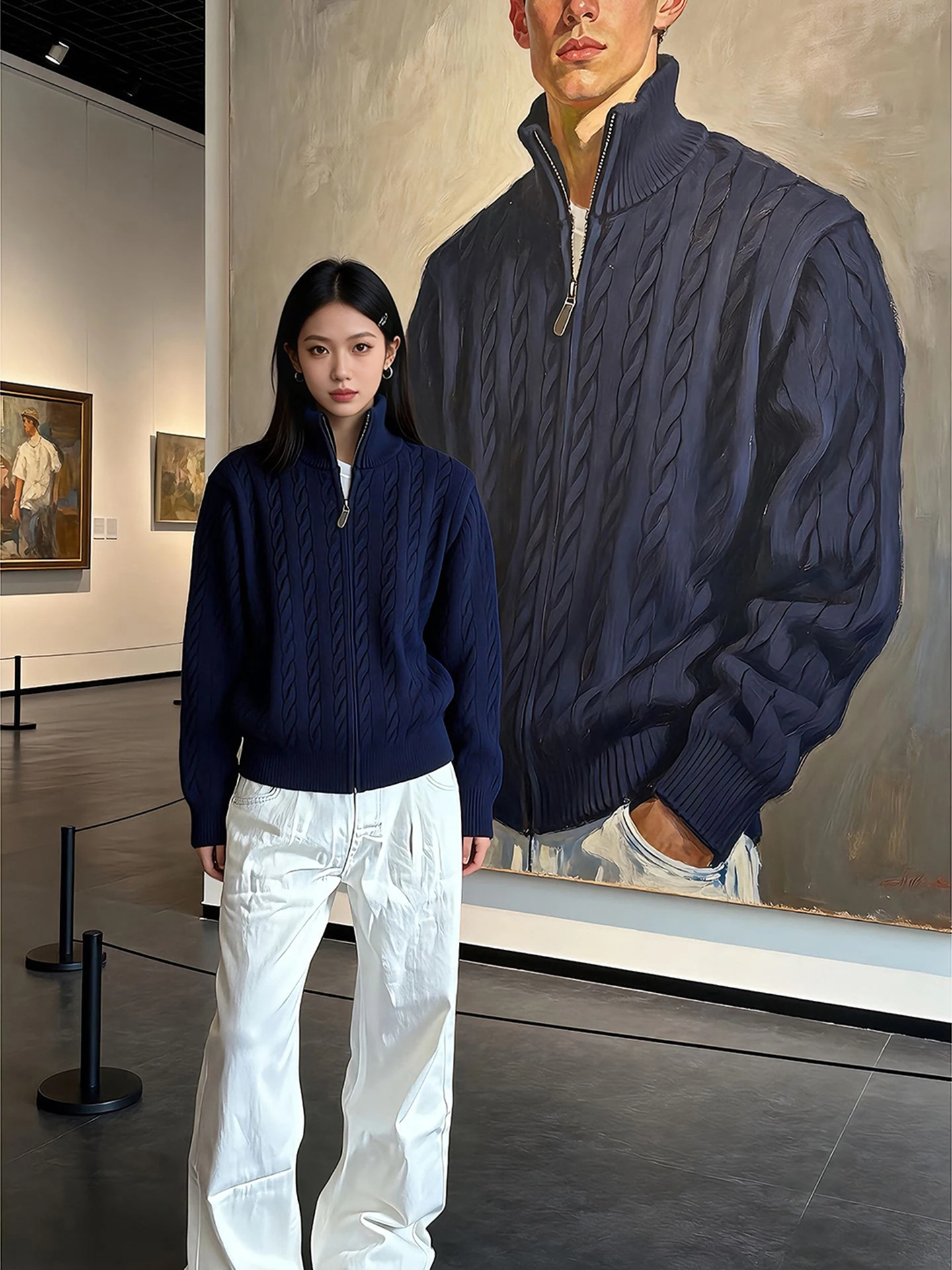 

Мужской вязаный кардиган в американском ретро-стиле, синий, с узором «косы», воротник-стойка, весна-осень