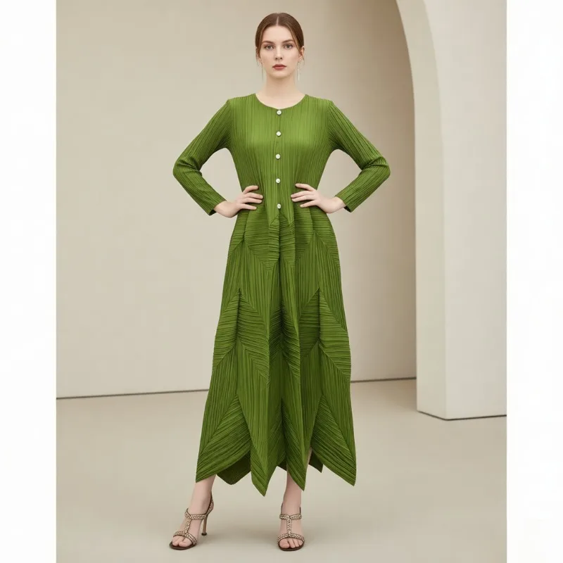 

Miyake плиссированное женское платье с длинными рукавами, весна 2026, новые эластичные длинные платья большого размера, офисная одежда без морщин