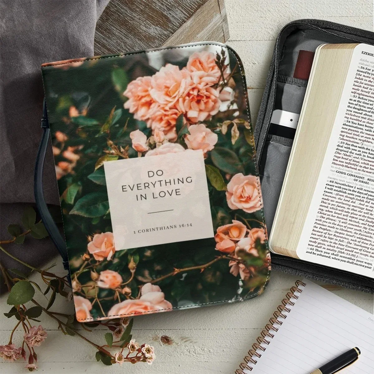 Bible Praise Poetry Print Church Bible Bag for Women Portable Bible Cover Case Leather Handbags Study Book Holy Storage Boxes