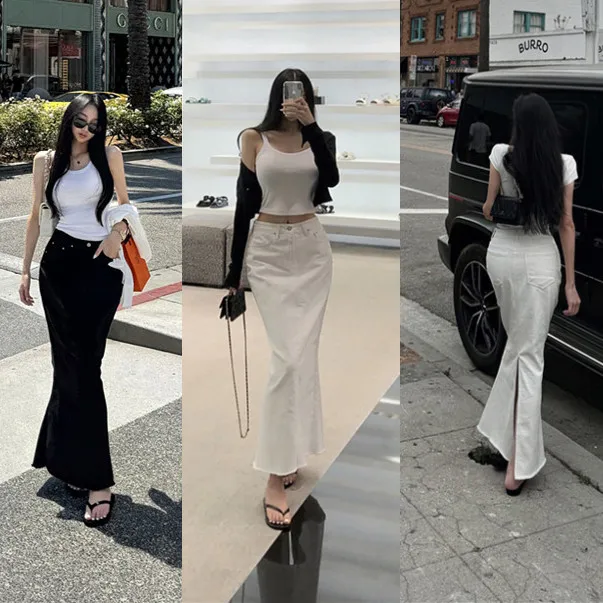 Basic Black White Fish Tail Split Long Skirt Spring Autumn New Style Back Split Body Shape Half Fish Tail Skirt Trendy Women'...