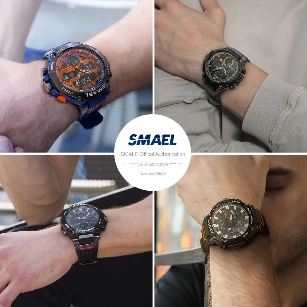 SMAEL-Relógio Masculino Eletrônico, Dual Time Display, Relógio de Pulso Digital com Data Automática, Quartzo Cronógrafo, Relógios LED, Moda, 8069